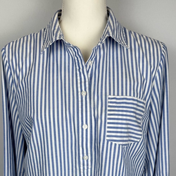 Tommy Hilfiger Popover Blouse Long Sleeves Blue White Pinstripes Cotton Medium - Picture 2 of 10